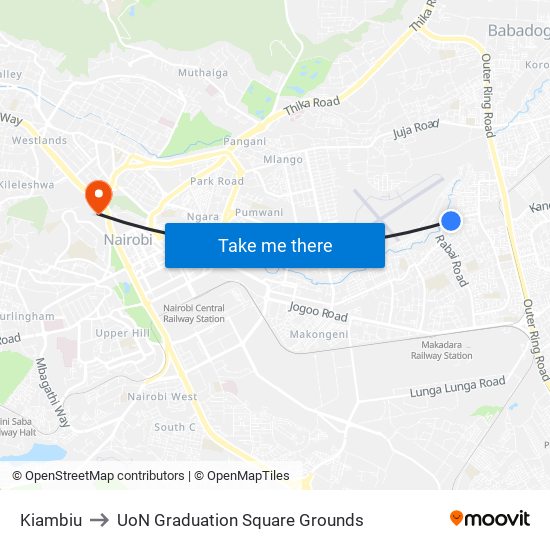 Kiambiu to UoN Graduation Square Grounds map