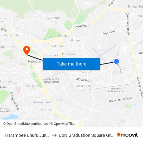 Harambee Uhuru Junction to UoN Graduation Square Grounds map