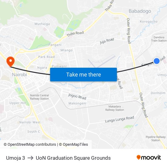 Umoja 3 to UoN Graduation Square Grounds map