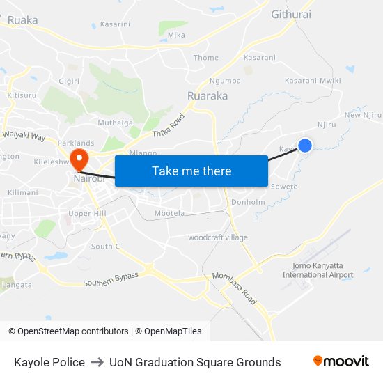 Kayole Police to UoN Graduation Square Grounds map