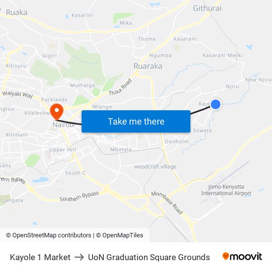 Kayole 1 Market to UoN Graduation Square Grounds map