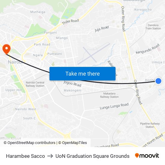 Harambee Sacco to UoN Graduation Square Grounds map