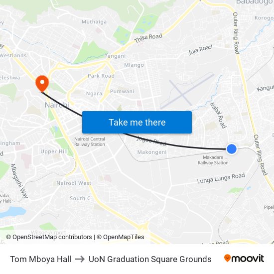Tom Mboya Hall to UoN Graduation Square Grounds map