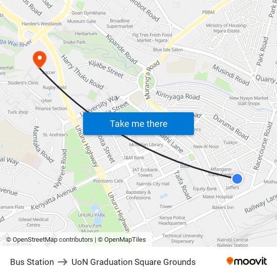 Bus Station to UoN Graduation Square Grounds map