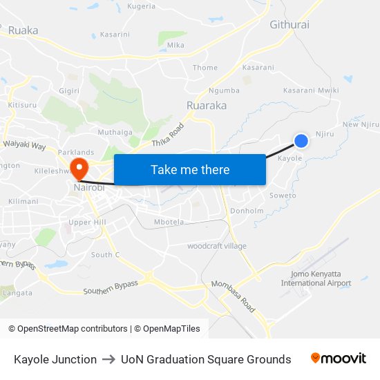 Kayole Junction to UoN Graduation Square Grounds map