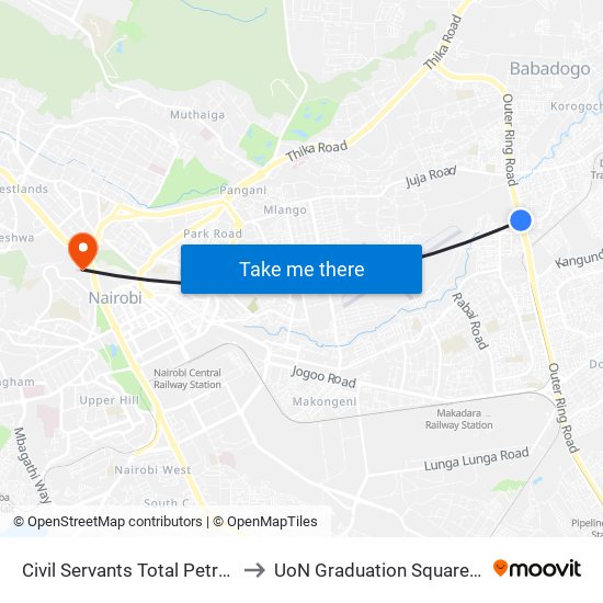 Civil Servants Total Petrol Station to UoN Graduation Square Grounds map