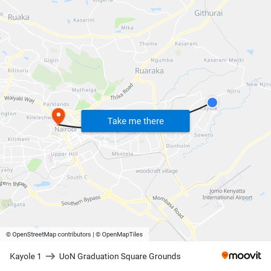 Kayole 1 to UoN Graduation Square Grounds map