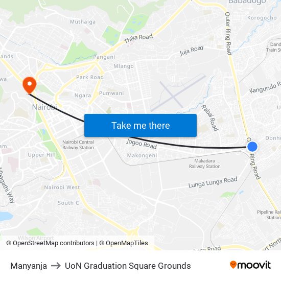 Manyanja to UoN Graduation Square Grounds map