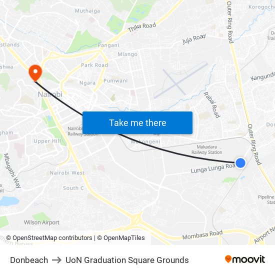 Donbeach to UoN Graduation Square Grounds map
