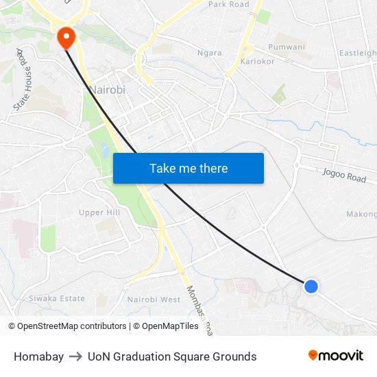 Homabay to UoN Graduation Square Grounds map