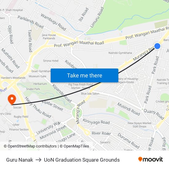 Guru Nanak to UoN Graduation Square Grounds map