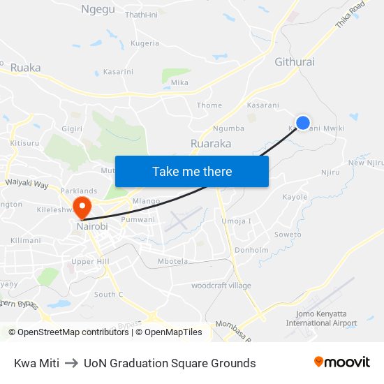 Kwa Miti to UoN Graduation Square Grounds map