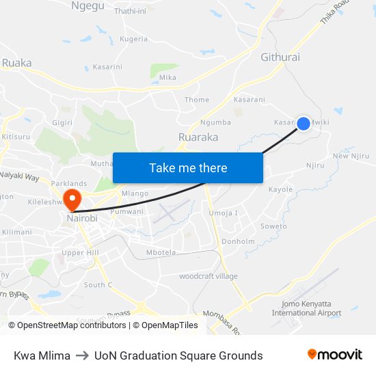 Kwa Mlima to UoN Graduation Square Grounds map