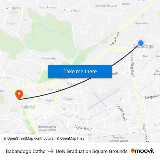 Babandogo Catho to UoN Graduation Square Grounds map