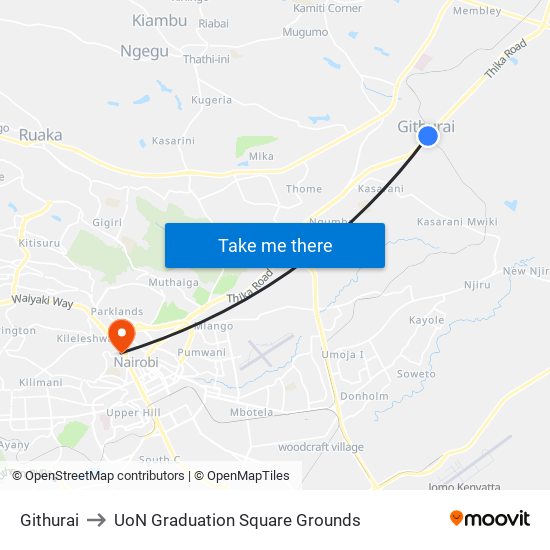 Githurai to UoN Graduation Square Grounds map