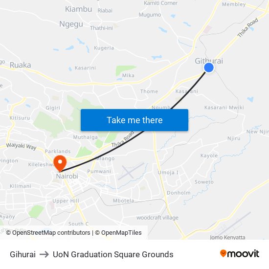 Gihurai to UoN Graduation Square Grounds map