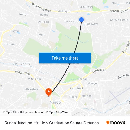 Runda Junction to UoN Graduation Square Grounds map