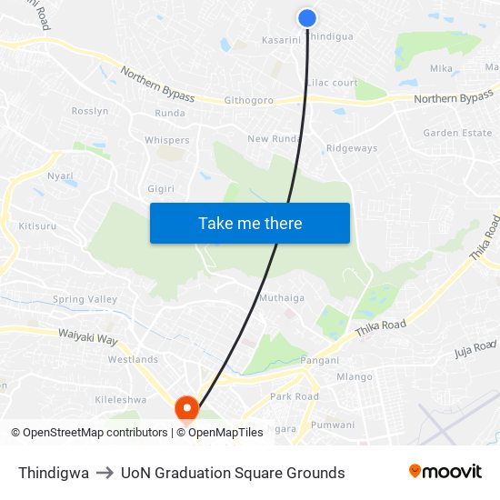 Thindigwa to UoN Graduation Square Grounds map