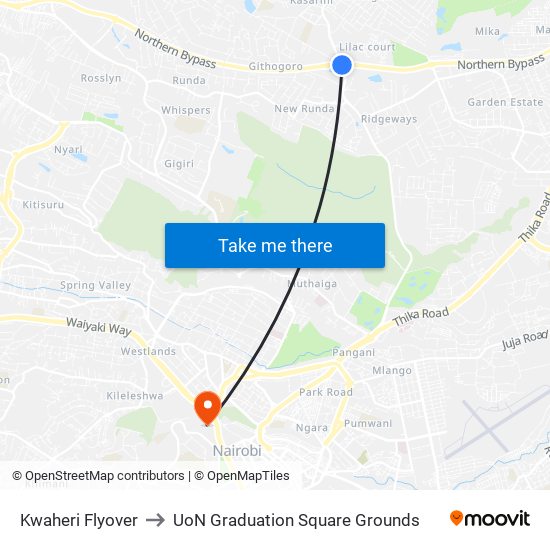 Kwaheri Flyover to UoN Graduation Square Grounds map