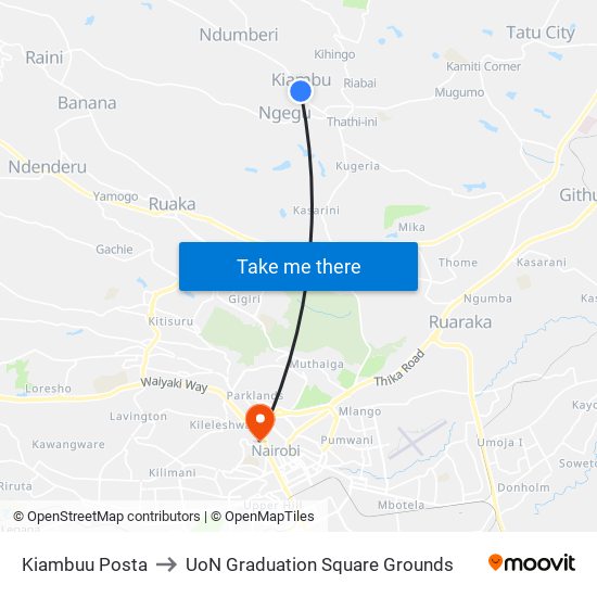 Kiambuu Posta to UoN Graduation Square Grounds map