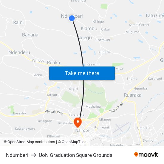 Ndumberi to UoN Graduation Square Grounds map