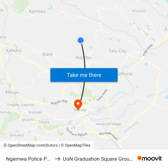 Ngemwa Police Post to UoN Graduation Square Grounds map