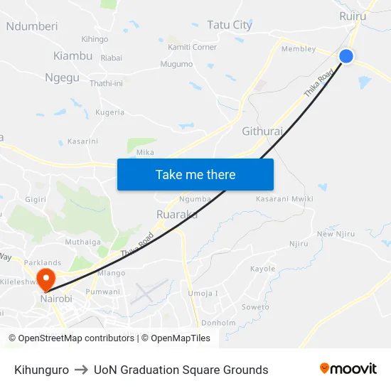 Kihunguro to UoN Graduation Square Grounds map