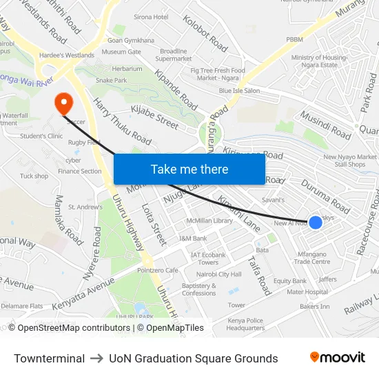 Townterminal to UoN Graduation Square Grounds map