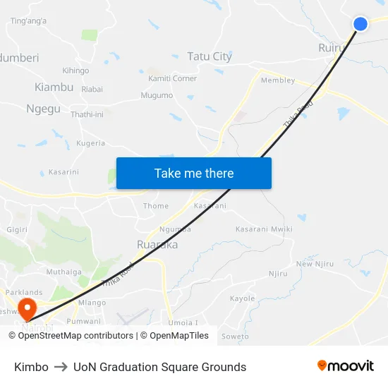 Kimbo to UoN Graduation Square Grounds map