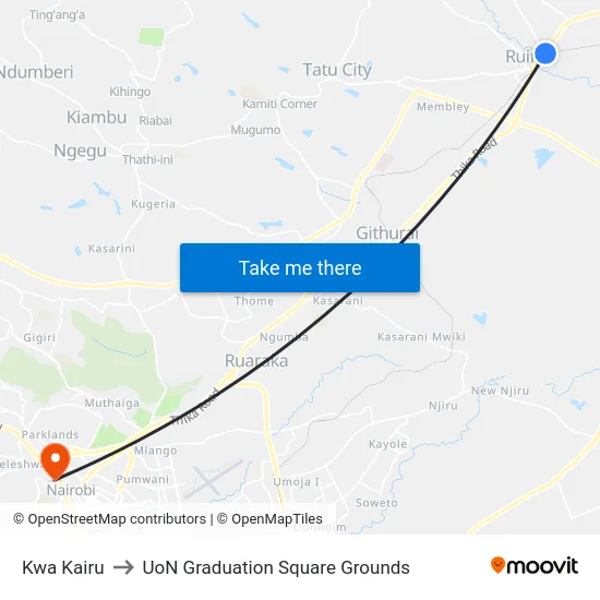Kwa Kairu to UoN Graduation Square Grounds map