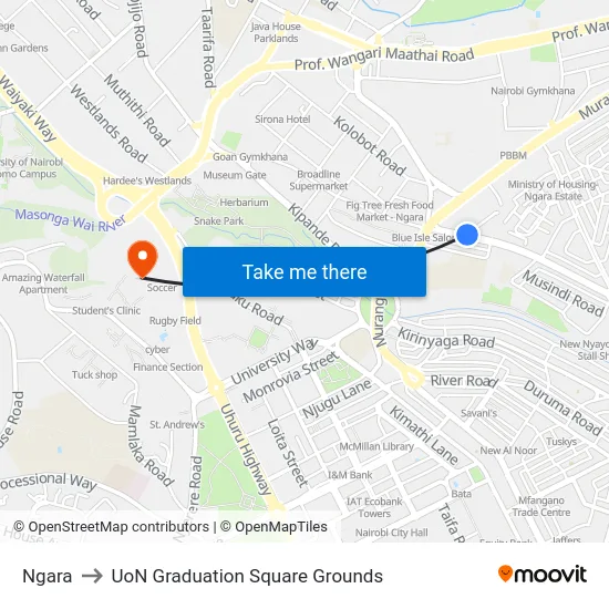 Ngara to UoN Graduation Square Grounds map