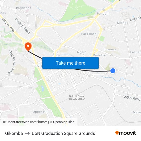 Gikomba to UoN Graduation Square Grounds map