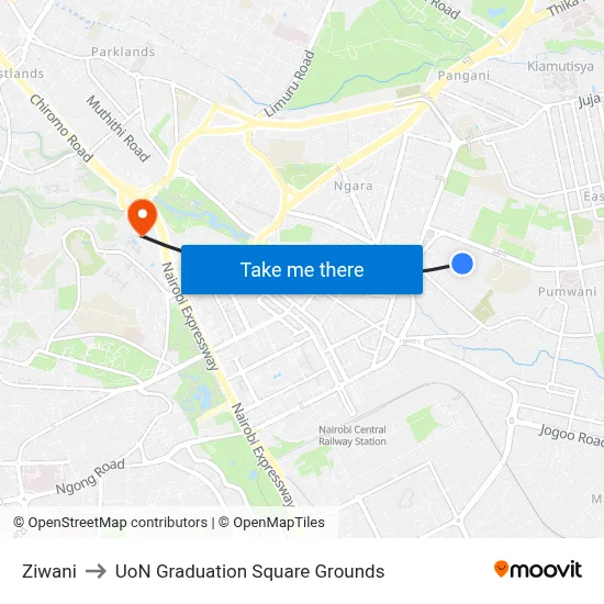 Ziwani to UoN Graduation Square Grounds map