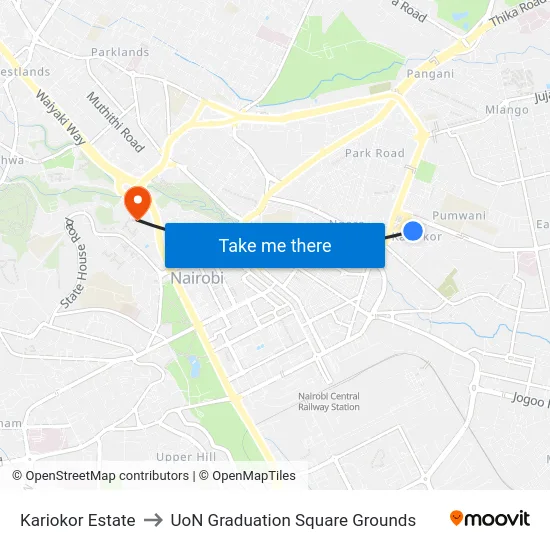 Kariokor Estate to UoN Graduation Square Grounds map