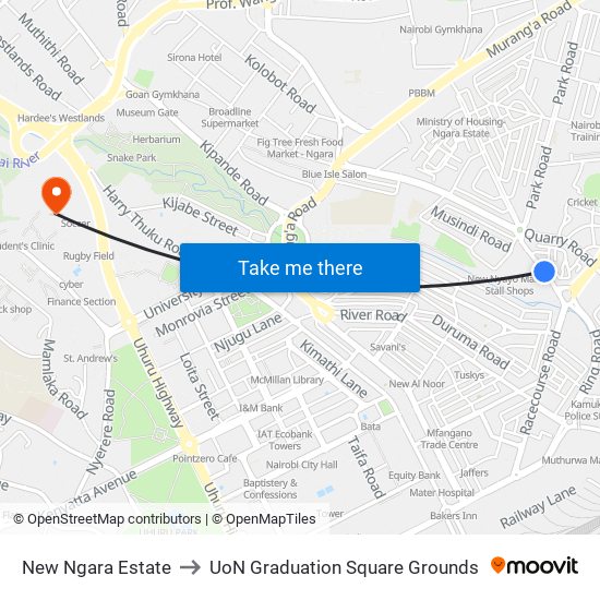 New Ngara Estate to UoN Graduation Square Grounds map