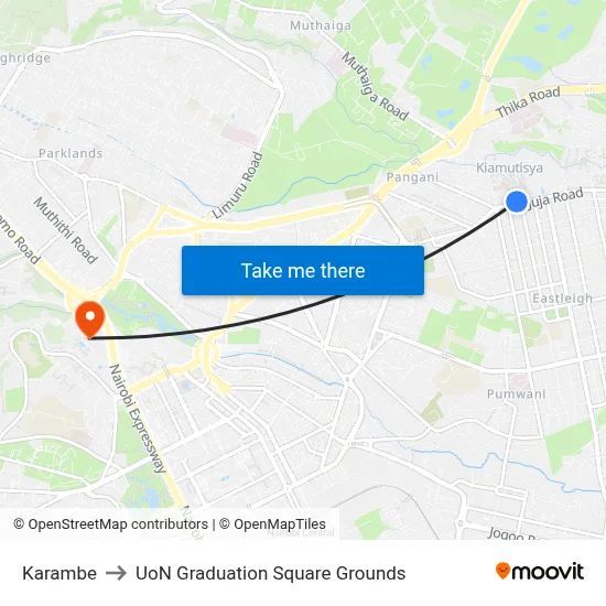 Karambe to UoN Graduation Square Grounds map