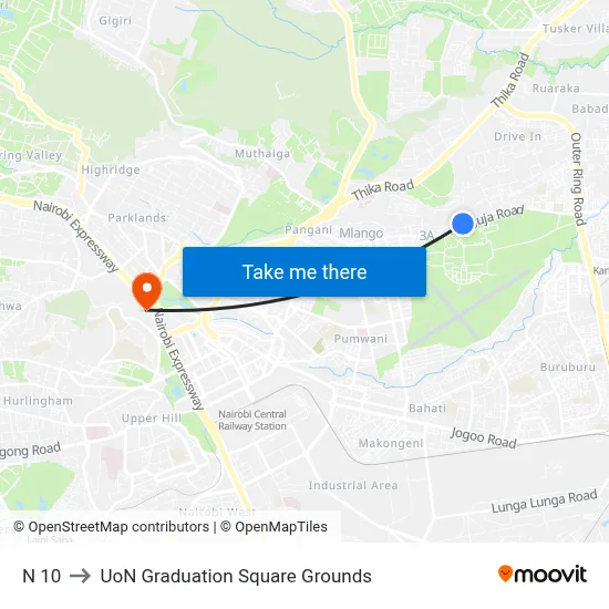 N 10 to UoN Graduation Square Grounds map