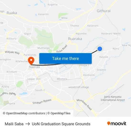 Maili Saba to UoN Graduation Square Grounds map