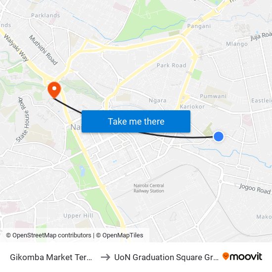 Gikomba Market Terminals to UoN Graduation Square Grounds map