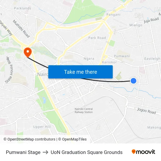 Pumwani Stage to UoN Graduation Square Grounds map