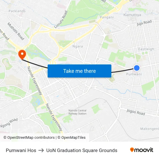 Pumwani Hos to UoN Graduation Square Grounds map
