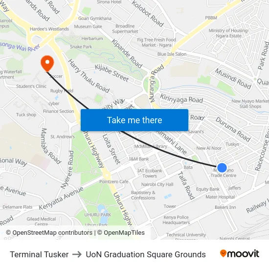 Terminal Tusker to UoN Graduation Square Grounds map