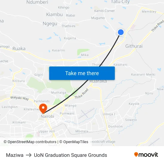 Maziwa to UoN Graduation Square Grounds map