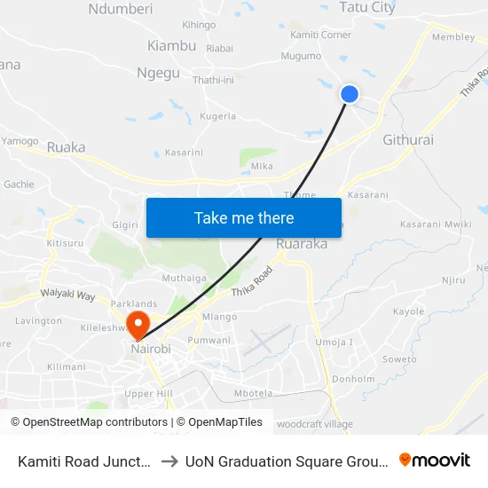 Kamiti Road Junction to UoN Graduation Square Grounds map