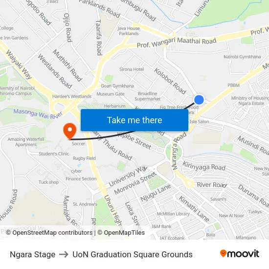 Ngara Stage to UoN Graduation Square Grounds map