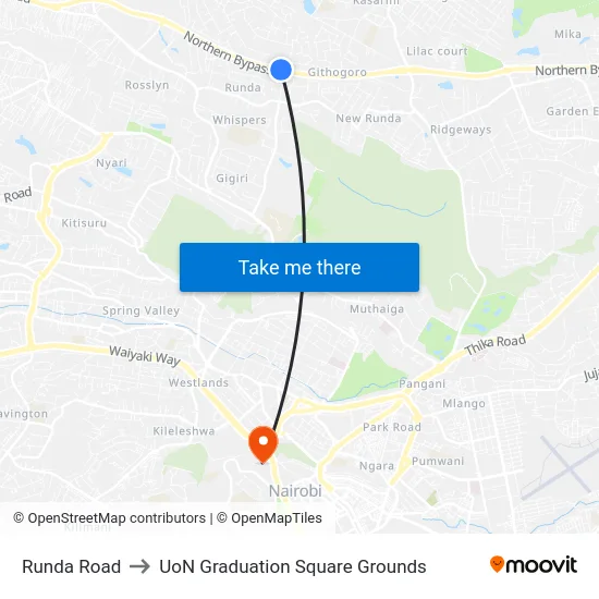 Runda Road to UoN Graduation Square Grounds map