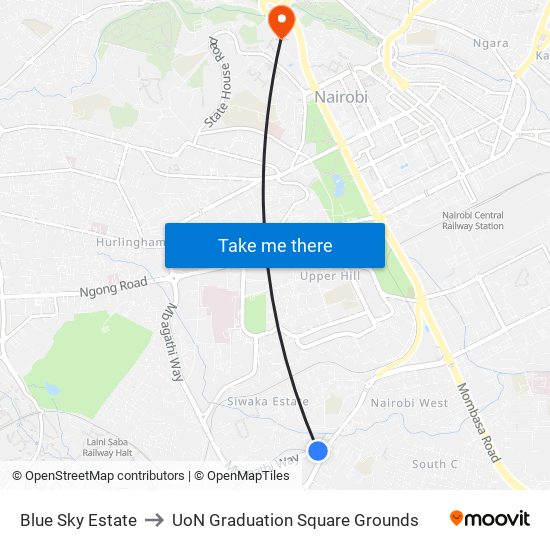 Blue Sky Estate to UoN Graduation Square Grounds map