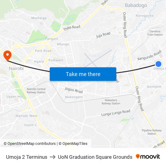 Umoja 2 Terminus to UoN Graduation Square Grounds map