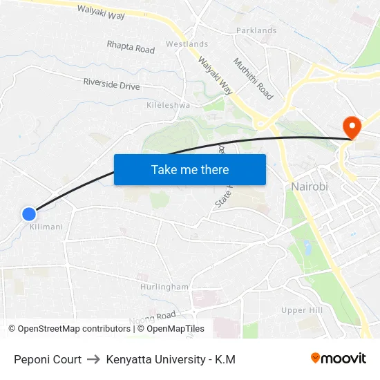 Peponi Court to Kenyatta University - K.M map