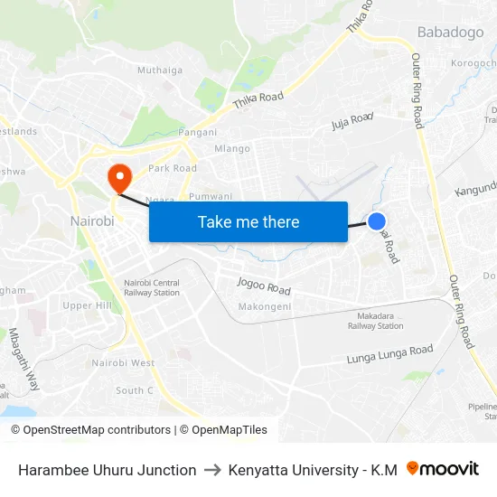 Harambee Uhuru Junction to Kenyatta University - K.M map